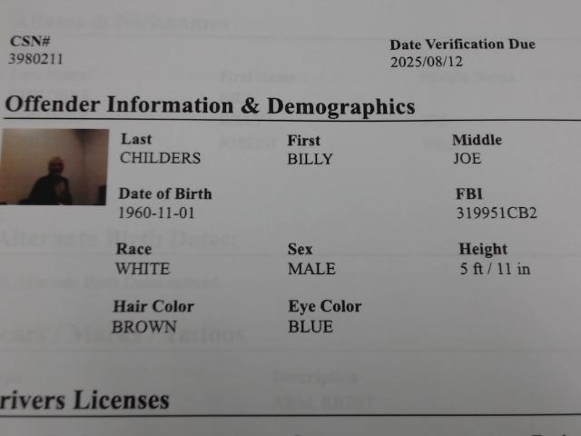 Billy Joe Childers a registered Sex Offender of Arkansas